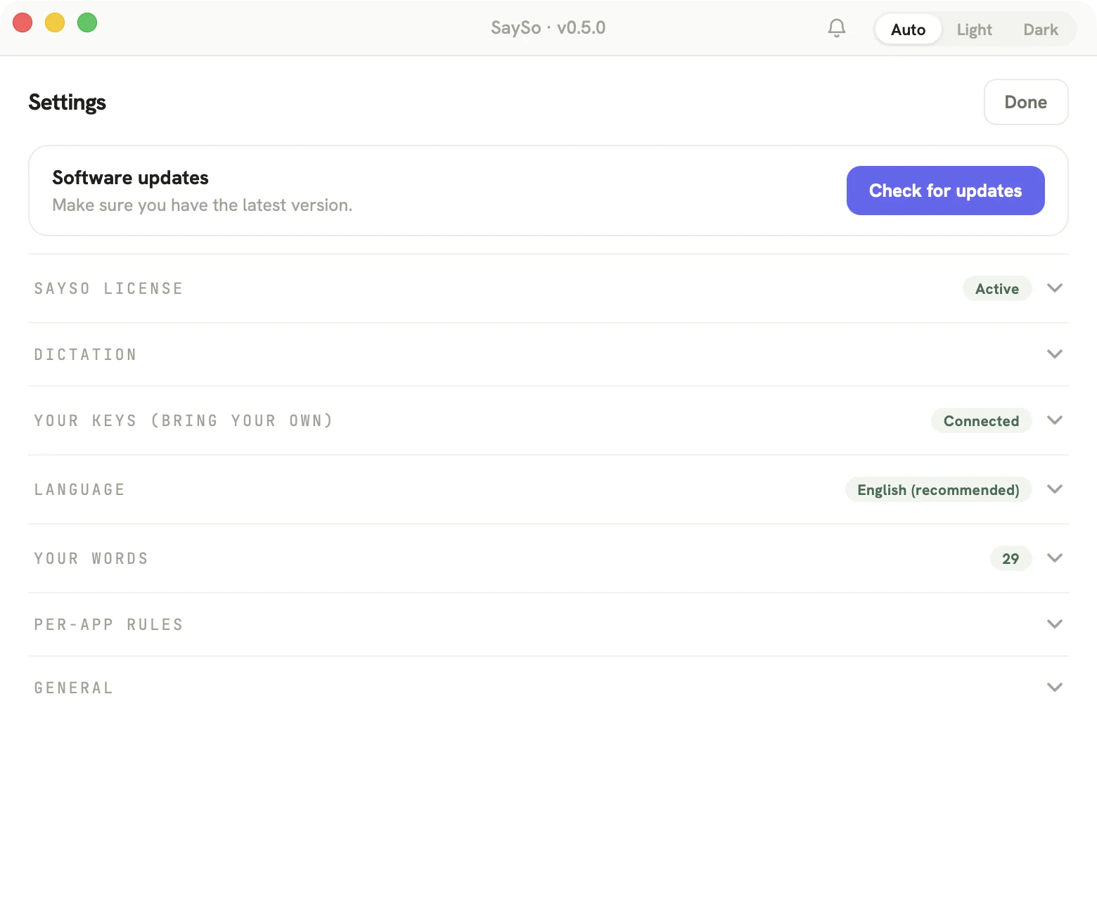 SaySo Settings screen: license Active, your keys Connected, language English, personal words 29, per-app rules